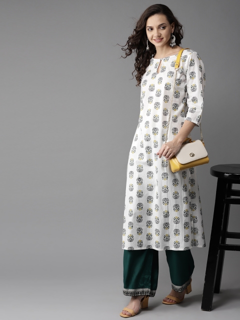 

HERE&NOW Women White & Black Printed Straight Kurta