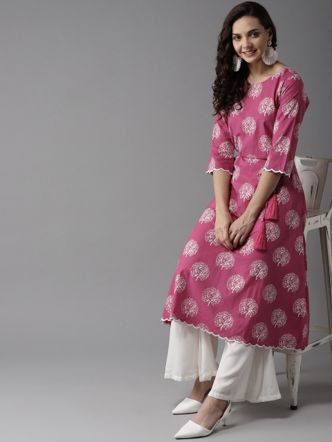 

HERE&NOW Women Pink & White Printed A-Line Kurta