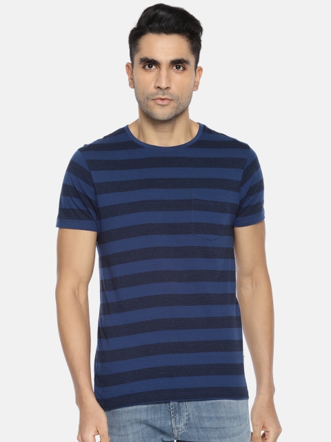 

Jack Jones Men Blue Striped Round Neck Pure Cotton T-shirt