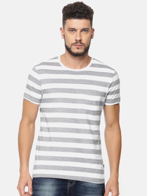 

Jack & Jones Men White & Grey Striped Round Neck T-shirt