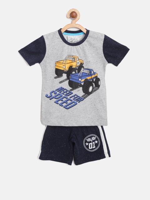 

Lazy Shark Boys Grey Melange & Navy Printed T-shirt with Shorts