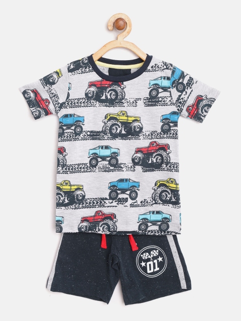 

Lazy Shark Boys Grey Melange & Navy Printed T-shirt with Shorts