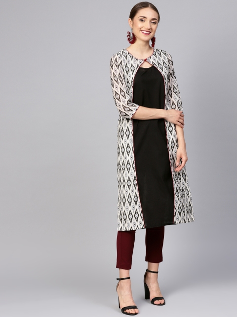 

Jaipur Kurti Women Off-White & Black Printed Straight Layered Kurta