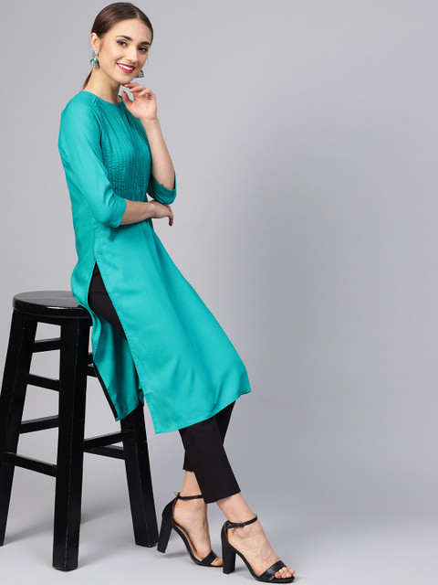

Jaipur Kurti Women Teal Green Yoke Design Straight Kurta
