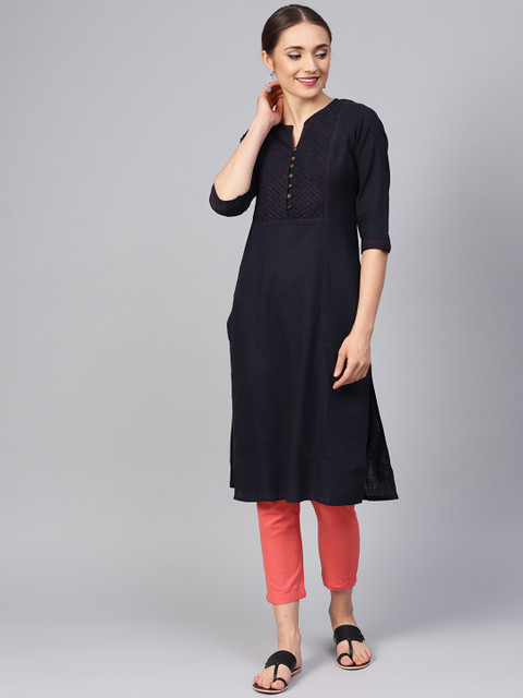 

Jaipur Kurti Women Navy Blue Yoke Design Straight Kurta