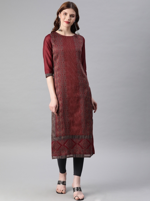 

Jaipur Kurti Women Maroon Woven Design Straight Kurta