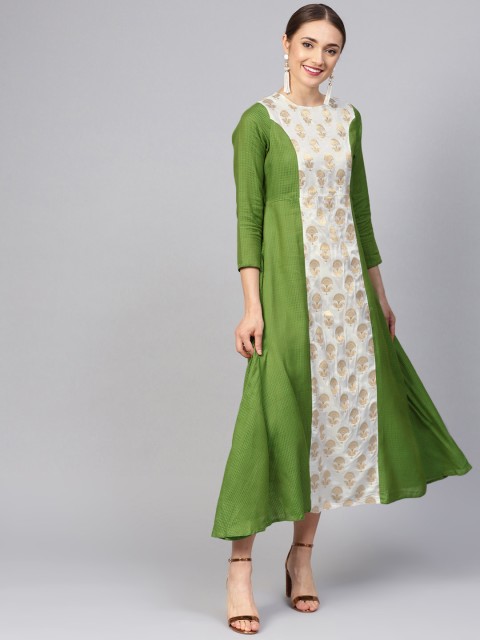 

Jaipur Kurti Women Off-White & Green Self Design Midi A-Line Dress
