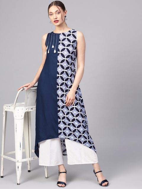

Jaipur Kurti Women Navy Blue & White Printed A-Line Kurta