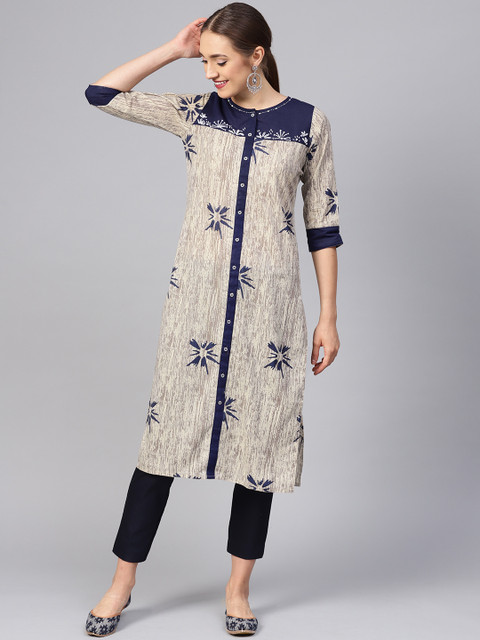 

Jaipur Kurti Women Taupe & Navy Blue Printed Straight Kurta