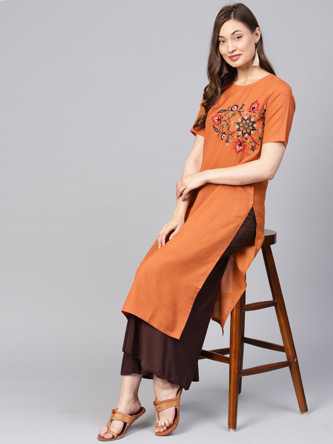 

Jaipur Kurti Women Rust Orange Solid Straight Kurta with Embroidered Detail