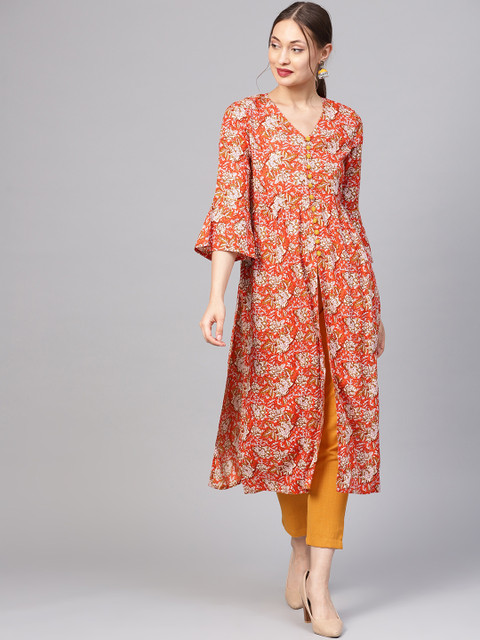 

Jaipur Kurti Women Orange & White Printed Kurta with Trousers