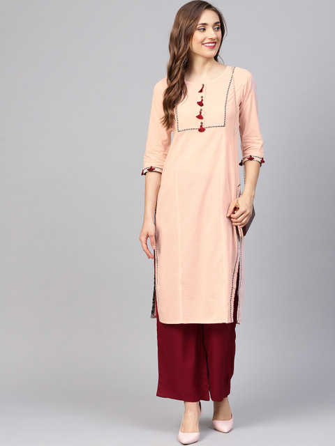 

Jaipur Kurti Women Pink & Maroon Yoke Design Kurta with Palazzos