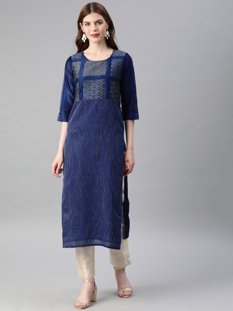 

Jaipur Kurti Women Navy Blue & Cream-Coloured Yoke Design Kurta with Trousers