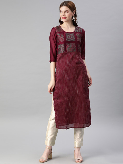 

Jaipur Kurti Women Maroon & Off-White Yoke Design Kurta with Trousers