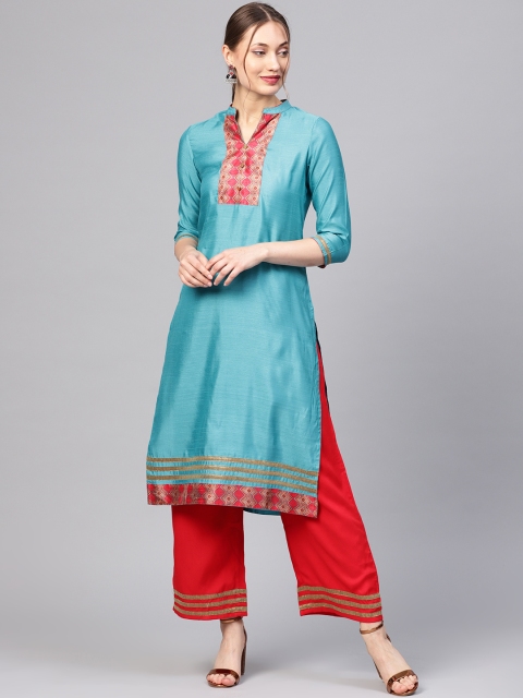 

Jaipur Kurti Women Blue & Red Yoke Design Kurta with Palazzos