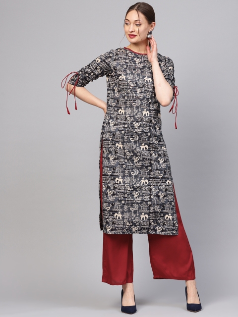 

Jaipur Kurti Women Grey & Maroon Printed Kurta with Palazzos