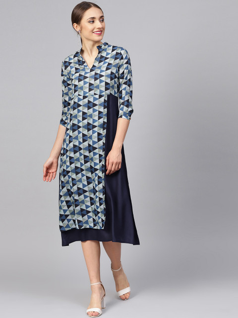 

Jaipur Kurti Women Navy Blue Printed Midi A-Line Dress