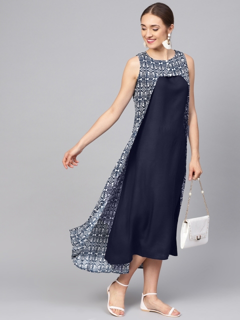 

Jaipur Kurti Women Navy Blue Solid Midi A-Line Dress with Shrug