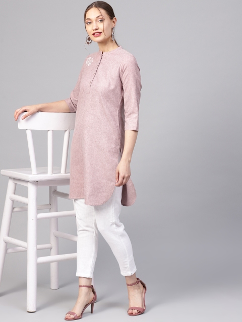 

Jaipur Kurti Women Pink & White Solid Handloom Kurta with Trousers