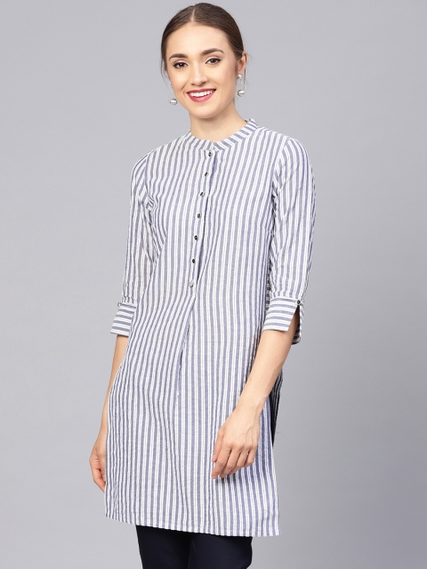

Jaipur Kurti Women Grey & White Striped Straight Kurta