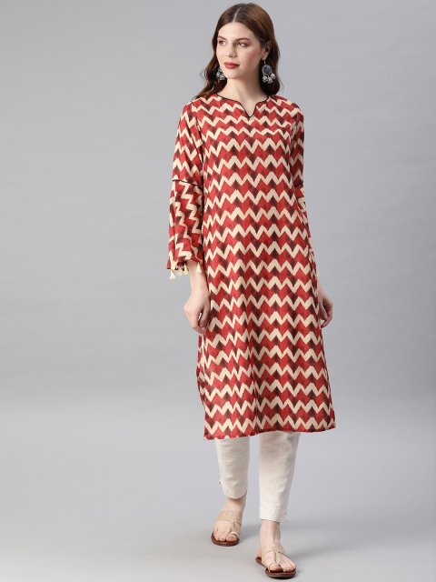 

Jaipur Kurti Women Red & Off-White Chevron Print Straight Kurta