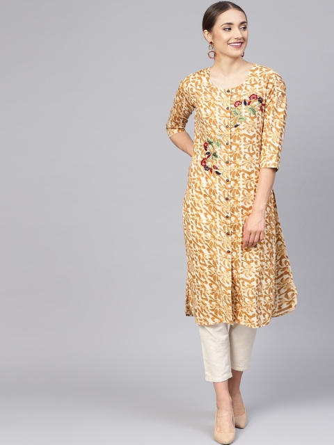 

Jaipur Kurti Women Mustard Brown & Beige Printed Straight Kurta