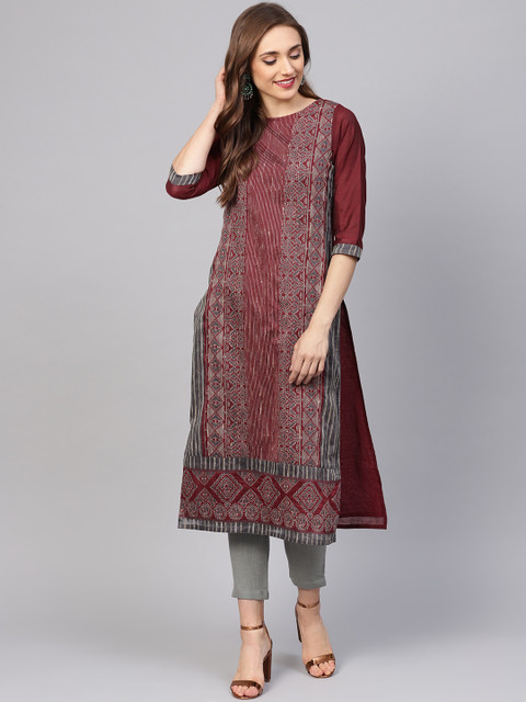 

Jaipur Kurti Women Maroon & Grey Self Design Kurta with Trousers
