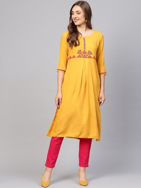 

Jaipur Kurti Women Mustard & Pink Yoke Design Kurta with Trousers