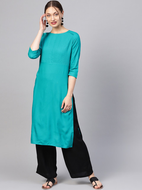 

Jaipur Kurti Women Turquoise Blue & Black Solid Kurta with Palazzos