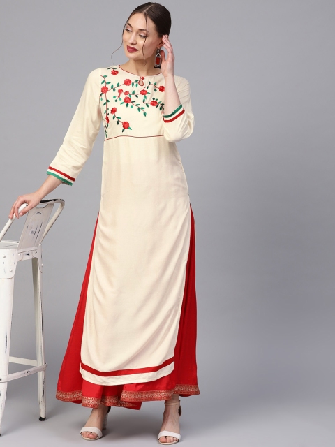 

Jaipur Kurti Women Off-White Floral Yoke Design Straight Kurta