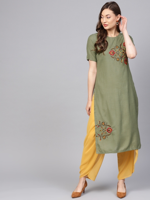 

Jaipur Kurti Women Olive Green Solid Straight Kurta