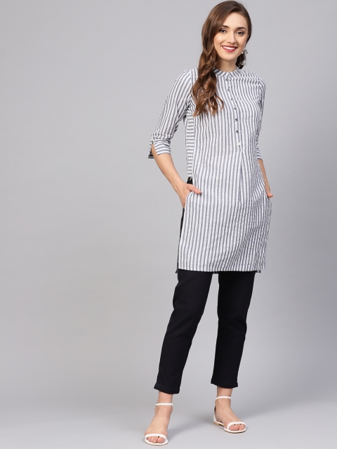 

Jaipur Kurti Women Navy Blue & Black Striped Kurta with Trousers