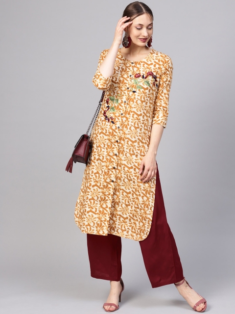 

Jaipur Kurti Women Mustard Brown & Maroon Printed Kurta with Palazzos