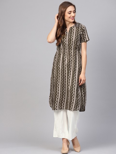 

Jaipur Kurti Women Olive Brown & Green Printed Kurta with Palazzos
