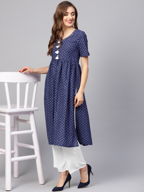 

Jaipur Kurti Women Navy Blue & White Printed A-Line Kurta with Palazzos