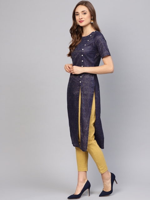 

Jaipur Kurti Women Navy Blue & Khaki Self-Striped Kurta with Trousers