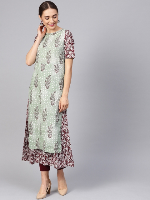 

Jaipur Kurti Women Green & Burgundy Printed Layered A-Line Kurta