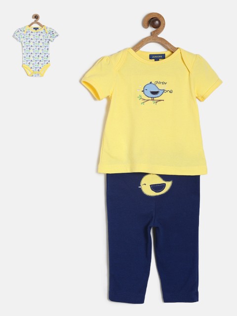 

Juniors by Lifestyle Girls Yellow & Blue Solid T-shirt with Pyjamas and Bodysuit
