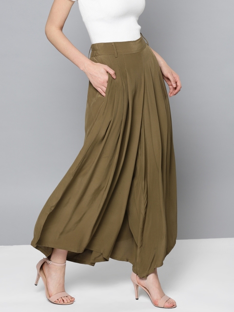 

Label Ritu Kumar Women Olive Green Flared Solid Palazzos