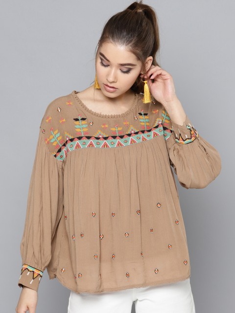 

Label Ritu Kumar Women Brown Embroidered Styled Back Top