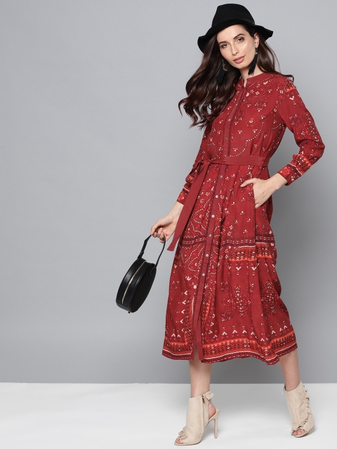 

Label Ritu Kumar Women Maroon & White Printed A-Line Dress