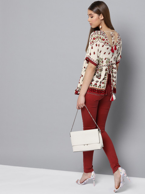 

Label Ritu Kumar Women Off-White & Red Printed Styled Back Top