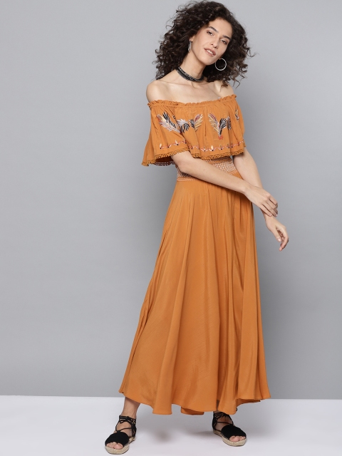 

Label Ritu Kumar Women Mustard Brown Solid Maxi Dress