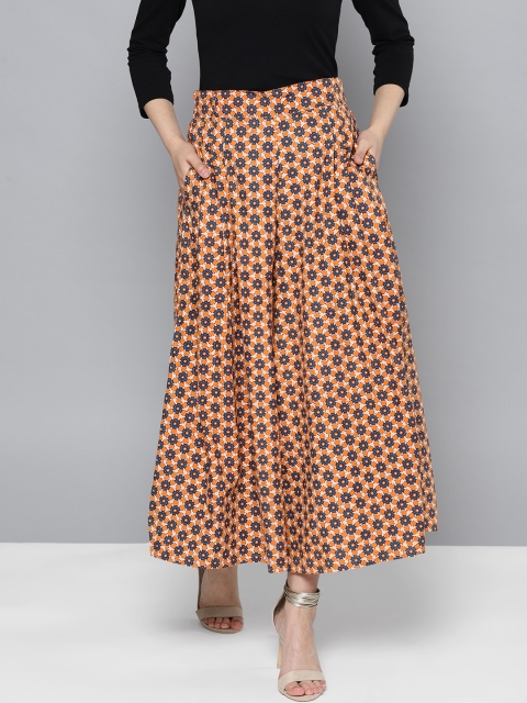 Label Ritu Kumar Women Coral Orange & Navy Blue Printed Flared Palazzos
