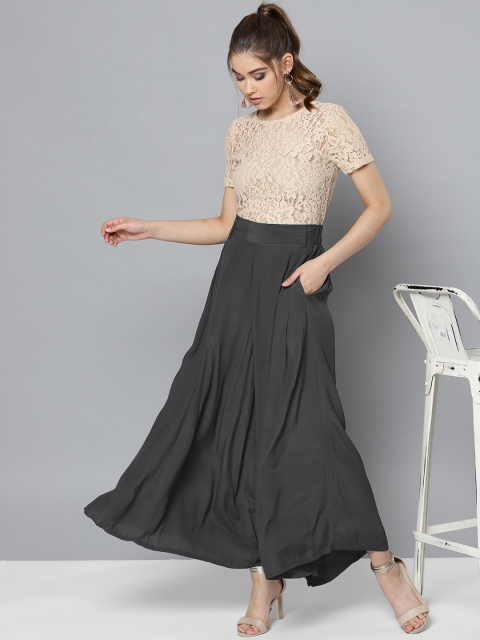 

Label Ritu Kumar Women Charcoal Grey Solid Flared Palazzos