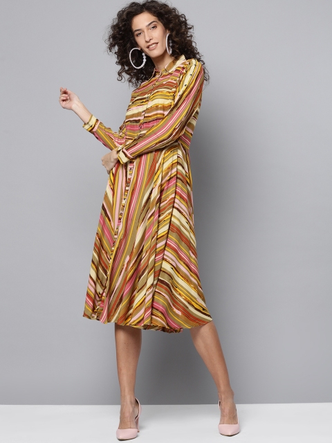 

Label Ritu Kumar Women Olive Green & Pink Striped A-line Dress