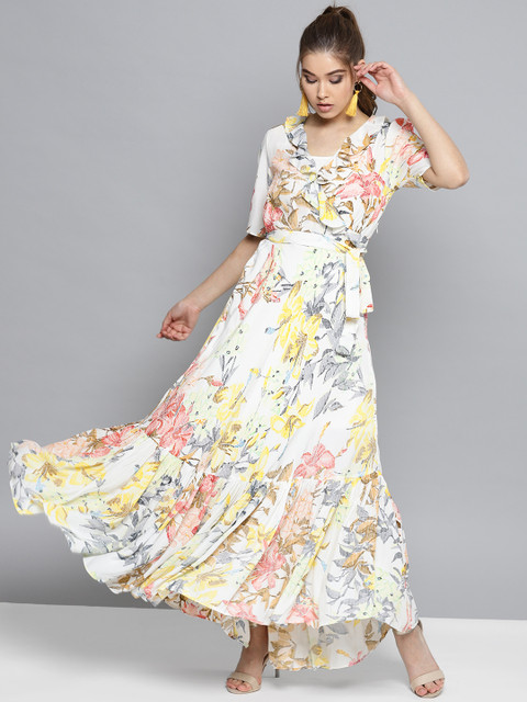 

Label Ritu Kumar Women White & Yellow Printed Maxi Dress
