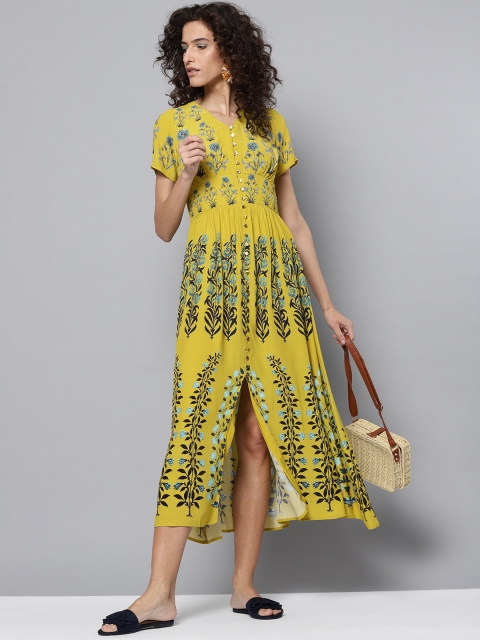 

Label Ritu Kumar Women Lime Green & Blue Printed A-Line Dress