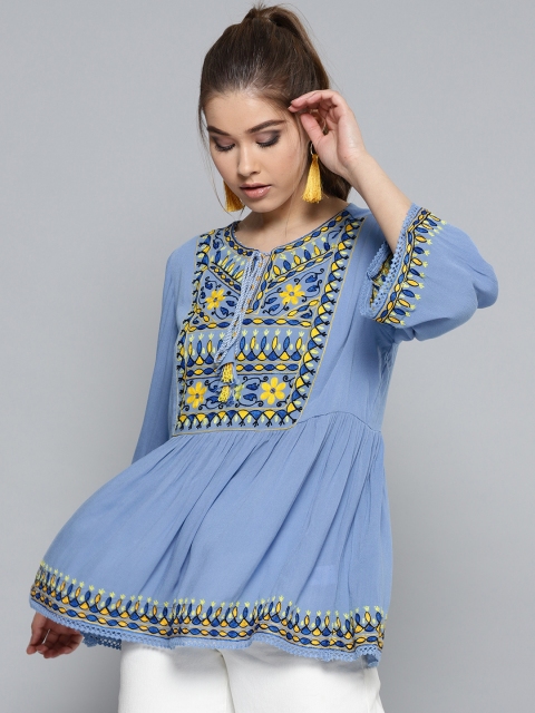 

Label Ritu Kumar Women Blue Embroidered A-Line Top