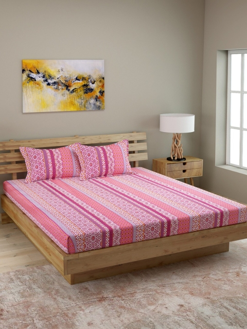 

ROMEE Pink Abstract 210 TC Cotton 1 Queen Bedsheet with 2 Pillow Covers